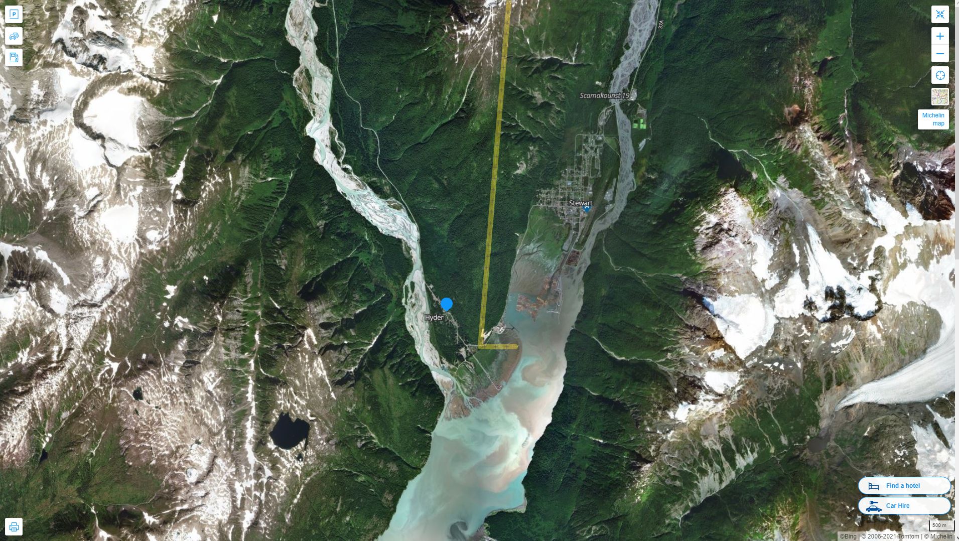Hyder Alaska Highway and Road Map with Satellite View